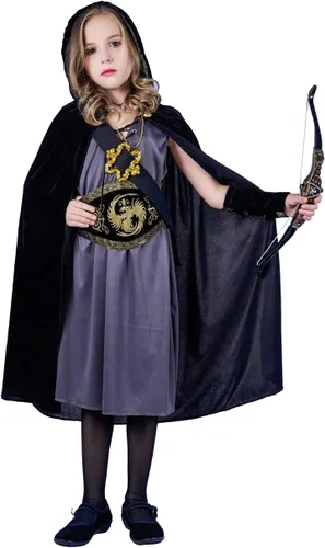 Vista 5 de DSplay Disfraz de cazadora con capucha para niñas, juego de rol, disfraz de fiesta de Halloween