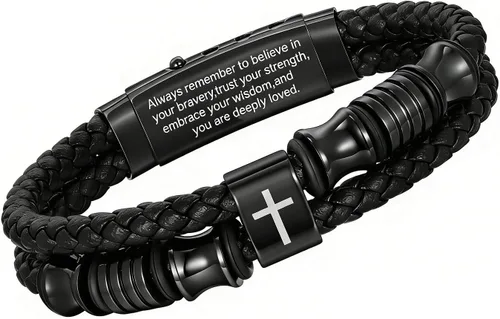 Vista 20 de TempBeau Pulsera de cuero negro cristiano para hombres, pulsera de cuero trenzado de doble fila con cruz de fe para hombres, regalo de joyería