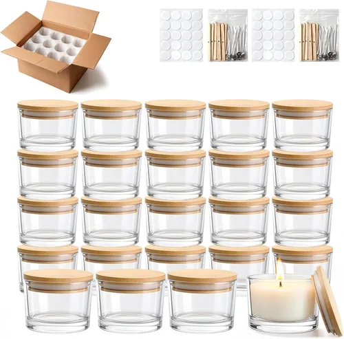 Vista 18 de Tarros de vela de vidrio de 4 onzas, paquete de 12 tarros pequeños para hacer velas, tarros vacíos de vidrio grueso de boca ancha con tapas de bambú