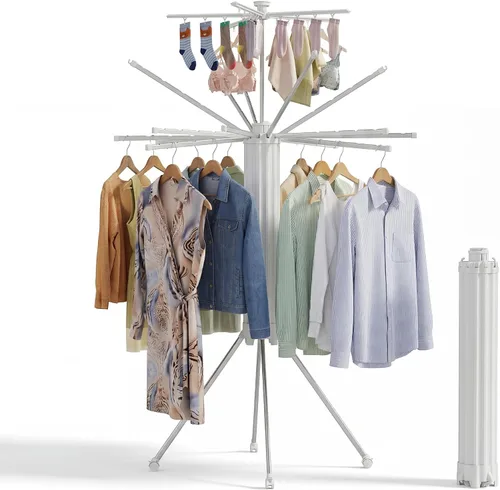 Vista 13 de RFOUO Tendedero de Ropa Trípode de Aluminio - 4 Varillas 16 Clips, Tendedero Plegable Portátil, Ahorro de Espacio, Tendedero de Ropa para Lavandería