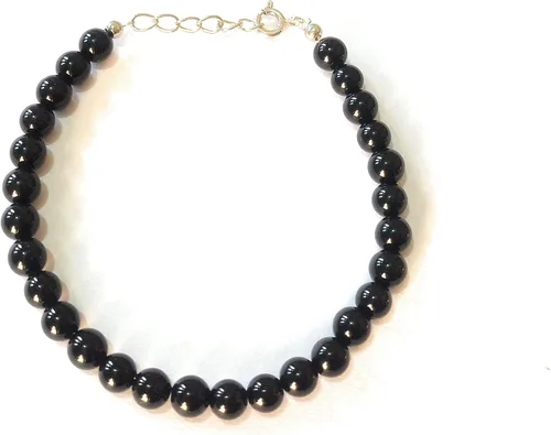 Vista 4 de Juego de collar y pulsera de cuentas graduadas de ónix negro natural, cuentas redondas lisas, cierre de anillo de primavera de plata esterlina, 20