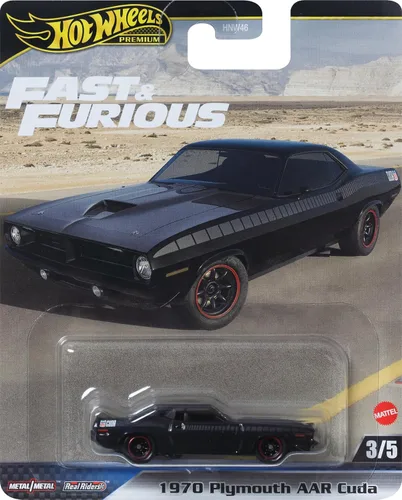 Vista 6 de Hot Wheels Coche de juguete, Fast & Furious a escala 1:64 Die-Cast 1970 Plymouth AAR Cuda para coleccionistas inspirados en la franquicia