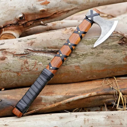 Vista 3 de Hacha vikinga de Ragnar Lothbrok con mango de madera de rosa - Hacha de caza de acero al carbono de alta forja de hoja afilada, hachas de camping