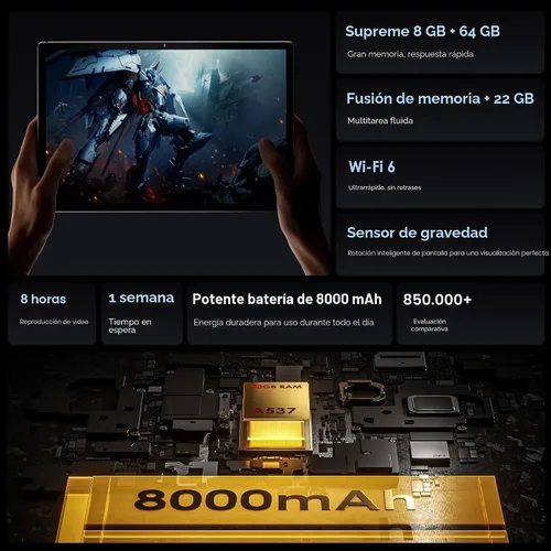 Vista 4 de Tablet 2026 de 10 pulgadas Android 15 con teclado de 30 GB de RAM + 64 GB de ROM (expansión de 1 TB) Pantalla IPS procesador octa-core 8000 mAh WiFi