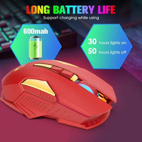 Vista 5 de FELICON Mouse inalámbrico para juegos recargable con retroiluminación RGB arcoíris, sensor óptico de 3 niveles DPI, mouse ergonómico