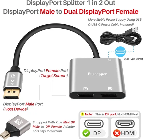 Vista 2 de Adaptador DisplayPort a DisplayPort dual (doble 4K a 60 Hz), divisor DP 1 en 2 salidas Pantalla extendida MST 1 DP macho a 2 DP hembra