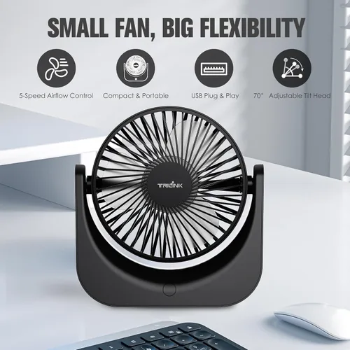 Vista 2 de TRILINK Pequeño ventilador de escritorio USB – Mini ventilador de mesa de 5 velocidades con inclinación ajustable, ultra silencioso, alimentado por