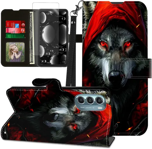 Vista 385 de Funda para Motorola Edge 2022 con protector de pantalla, soporte y tarjetero y correa para la muñeca, funda magnética para Moto Edge 2022 5G UW Lobo