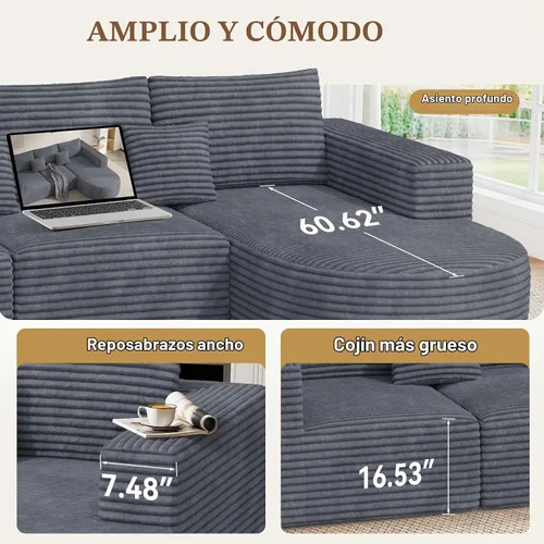 Vista 4 de Sofá seccional modular de 110", sofás de nube para sala de estar, sofá deshuesado con asiento profundo, sofá en forma de L con chaise, no requiere
