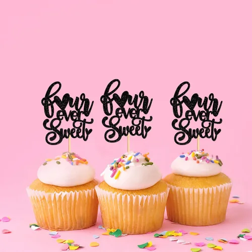 Vista 5 de Ercadio Paquete de 24 adornos para cupcakes y selecciones para baby shower y fiestas infantiles, decoraciones negras con purpurina