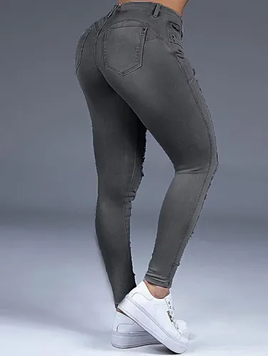 Vista 3 de Flamingals Jeans ajustados de tiro medio para mujer, elásticos, rasgados, con levantamiento de glúteos, desgastados, sexy, jeggings de mezclilla