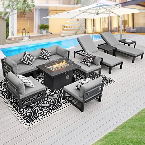 Vista 68 de BULEXYARD - Sofá modular de aluminio para exteriores con mesa para fogata, 7 piezas, color verde azulado