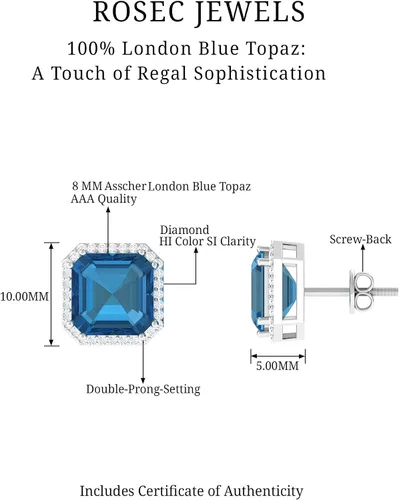 Vista 6 de Pendientes de tuerca con topacio azul Londres de corte Asscher certificados con halo de diamantes 6.50 Cttw Calidad AAA