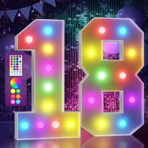 Vista 95 de Imprsv Letras coloridas de marquesina de 3 pies y letras grandes iluminadas RGB con control remoto, decoraciones de fiesta de cumpleaños Carta
