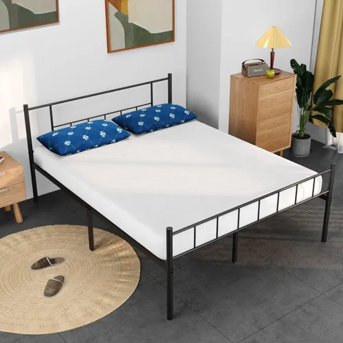 Vista 3 de Base de cama de plataforma de metal, base de colchón King, listones de acero resistente, soporte sin ruido con cabecera y tabla de pie, no necesita