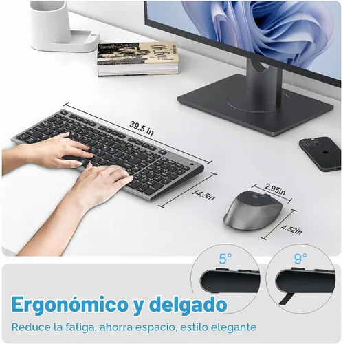 Vista 5 de FENIFOX Teclado inalámbrico recargable y ratón, con teclado numérico gris Negro Gris