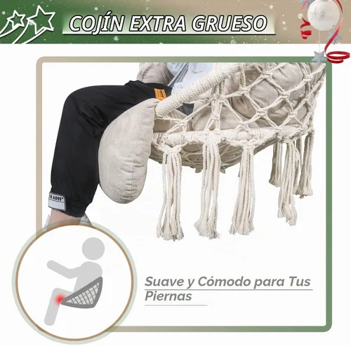 Vista 4 de Silla hamaca con cojín, silla columpio de macramé hecha a mano con kits de accesorios para colgar, estilo bohemio, silla colgante de cuerda de Beige