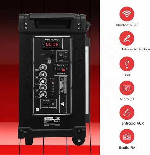 Vista 3 de PWMA899A - Sistema de altavoz Bluetooth inalámbrico portátil de 8 pulgadas, batería recargable incorporada, micrófono inalámbrico, USB/Micro SD/FM