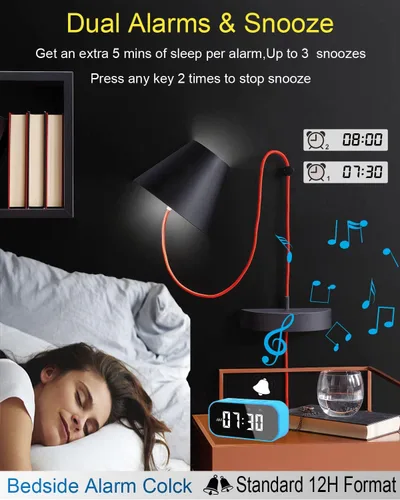 Vista 3 de AFK Reloj despertador digital con altavoz Bluetooth, reloj de escritorio para dormitorios, reloj de mesa pequeño con alarma dual, repetición, Azul