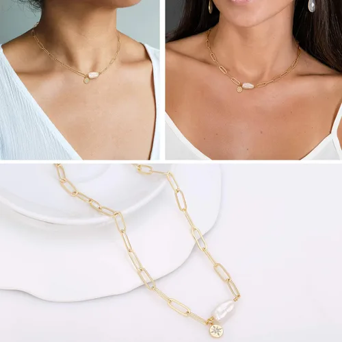 Vista 5 de Gargantilla de oro de 18 quilates, joyería delicada para mujeres de 16 pulgadas, con dije, cadena de eslabones