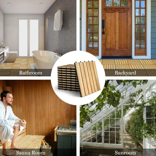 Vista 7 de Giantex Suelo de madera entrelazado para patio, azulejos de madera de acacia, adoquines de patio, montaje sin herramientas, suelo compuesto