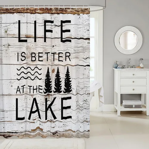 Vista 2 de Castle Fairy Lake Life - Cortina de ducha con silueta de árboles, juego de cortina de ducha para niños y adultos, cortina de baño de campamento
