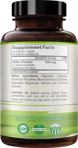 Vista 3 de SAM-e - Cápsulas de 400 mg – Suplemento SAM e de fácil absorción 400 mg de S-adenosil-metionina para el hígado cerebral y el estado de ánimo – Sin
