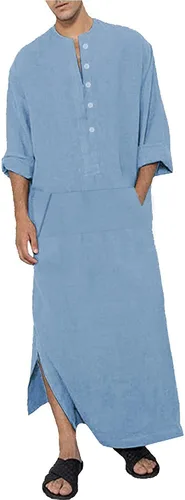 Vista 6 de Jacansi Caftán de manga larga para hombre, 65% algodón, 35% lino, con botones, longitud al tobillo, con abertura lateral y bolsillo Blanco