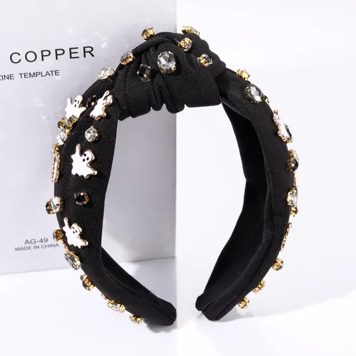 Vista 3 de Diadema de Halloween para mujer, diadema espeluznante de calabaza, araña, fantasma, diadema con diamantes de imitación, diadema anudada de cristal
