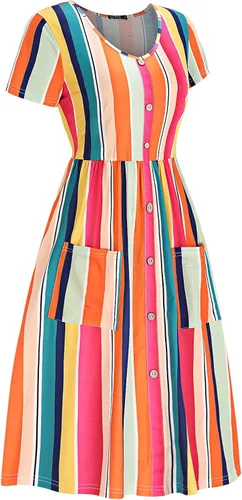 Vista 3 de OUGES - Vestido estilo patinadora, con botones, cuello en V y con bolsillos para mujer
