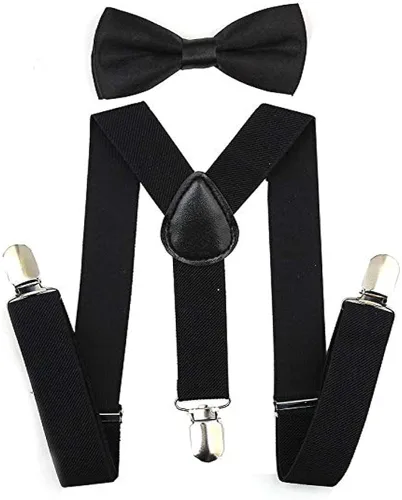Vista 3 de Accesorios de los años 20 para hombre, sombrero de gángster, accesorio de disfraz, tirantes en Y y pajarita preatada, conjunto de los años 20, Negro