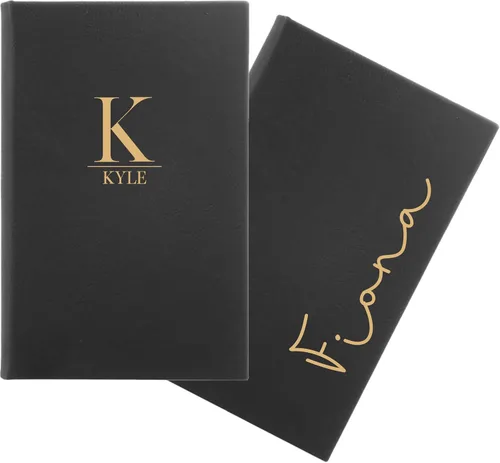 Vista 9 de Diario de cuero sintético grabado personalizado. Bloc de notas con nombre personalizado. Diario grabado (negro y dorado)