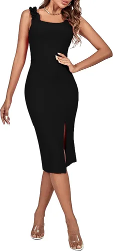 Vista 5 de Rooscier Vestido midi de cóctel sin mangas con tirantes y volantes para mujer