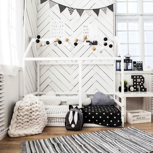 Vista 6 de Cama de casa para niños pequeños con rieles, Cama de piso para niños pequeños, Cama de piso Montessori para niños, Cama junior, Sofá cama para niños