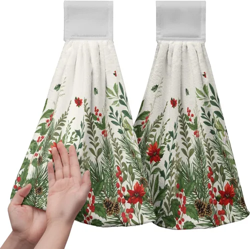 Vista 24 de Juego de 2 toallas de cocina colgantes de hojas tropicales de verano, color verde, hojas de palmera, con bucles para colgar, suaves y absorbentes
