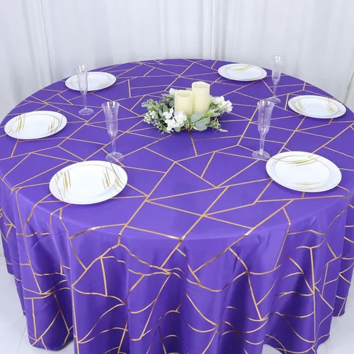 Vista 8 de Efavormart - Mantel redondo de poliéster de 120 pulgadas con patrón geométrico dorado Morado