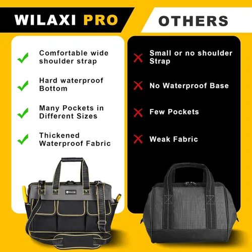 Vista 4 de Bolsa de herramientas de 17 pulgadas para hombres con base moldeada impermeable, bolsa de boca ancha de alta capacidad, bolsas de herramientas