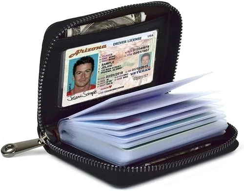 Vista 2 de Tarjetero para mujeres y hombres RFID pequeñas carteras para tarjetas de crédito, organizador de dinero, Negro, 20 ranuras, Minimalista