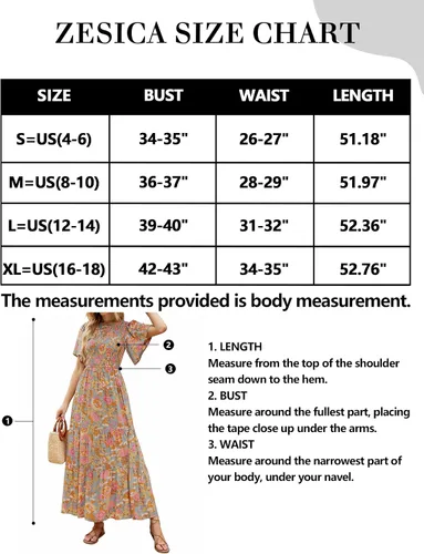 Vista 5 de ZESICA Vestido largo casual de verano para mujer, con estampado floral, manga corta con vuelo, cuello redondo, cintura alta fruncida