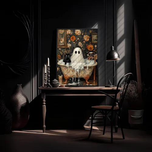 Vista 4 de Lienzo enmarcado negro para pared, póster de Halloween Dark Academia, pintura de gato negro, fantasma en la bañera, imágenes góticas de terror