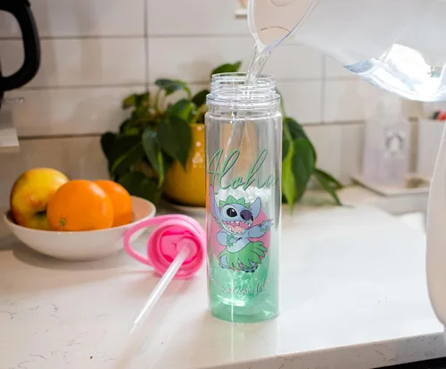 Vista 2 de Silver Buffalo Lilo and Stitch Aloha - Botella de agua Tritan de doble pared Botella de plástico sin BPA con tapa de rosca y tapa abatible