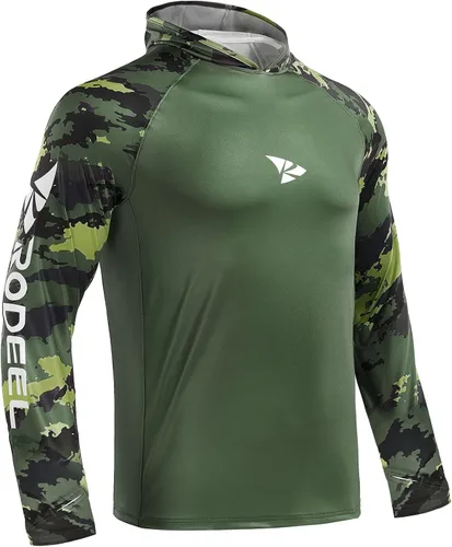 Vista 3 de Rodeel Camiseta de manga larga con capucha para hombre, ajuste holgado, con ventilación y protección solar UPF 50
