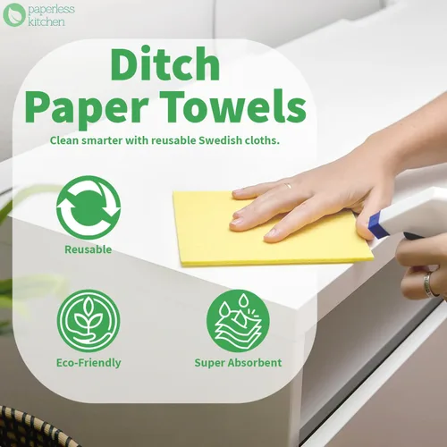 Vista 3 de Paños de cocina suecos reutilizables (paquete de 4) – Paños de limpieza de cocina ultra absorbentes y ecológicos – Toalla de papel alternativa