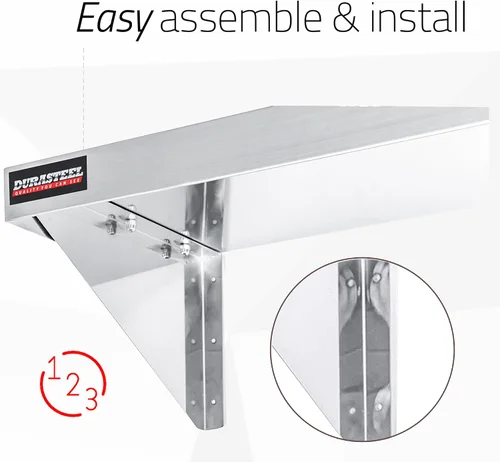 Vista 6 de DuraSteel Estante de pared de acero inoxidable, 24 pulgadas de ancho x 12 pulgadas de profundidad, grado comercial, certificado NSF