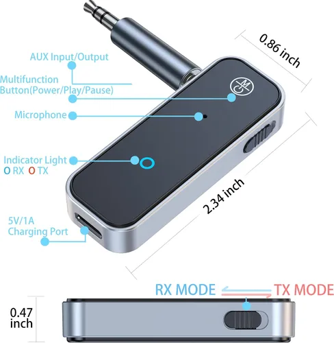 Vista 8 de Receptor transmisor Bluetooth KAIY para TV a auriculares Adaptador Bluetooth AUX 2 en 1 para AirPods/Auriculares de avión, Receptor Bluetooth