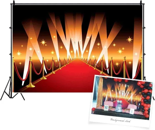 Vista 9 de Telón de fondo de alfombra roja de 5 x 3 pies para sesión de fotos, cine y noche, temática nocturna, fiesta de cumpleaños, pancarta de fondo