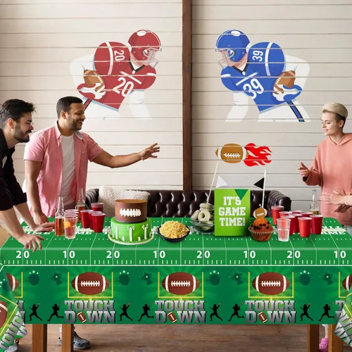 Vista 5 de Paquete de 4 manteles de fútbol americano, fundas para mesa de cumpleaños, fiesta temática de fútbol, mantel desechable para mesa de retorno