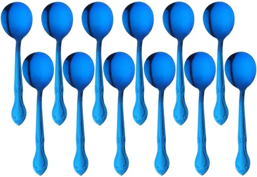 Vista 13 de Cucharas de sopa, cucharas redondas de acero inoxidable para caldo con borde de flor, juego de 12 piezas de acero inoxidable para café, azúcar
