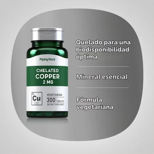 Vista 4 de Suplemento de cobre quelado de roca Piping Rock 2 mg 300 tabletas Vegetariana, sin OMG, sin gluten