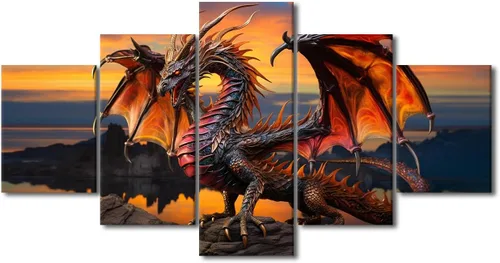 Vista 32 de Lienzo decorativo para pared de sala de estar, lienzo de dragón, 5 paneles, dragón verde, decoración de pared para el hogar, decoración de pared